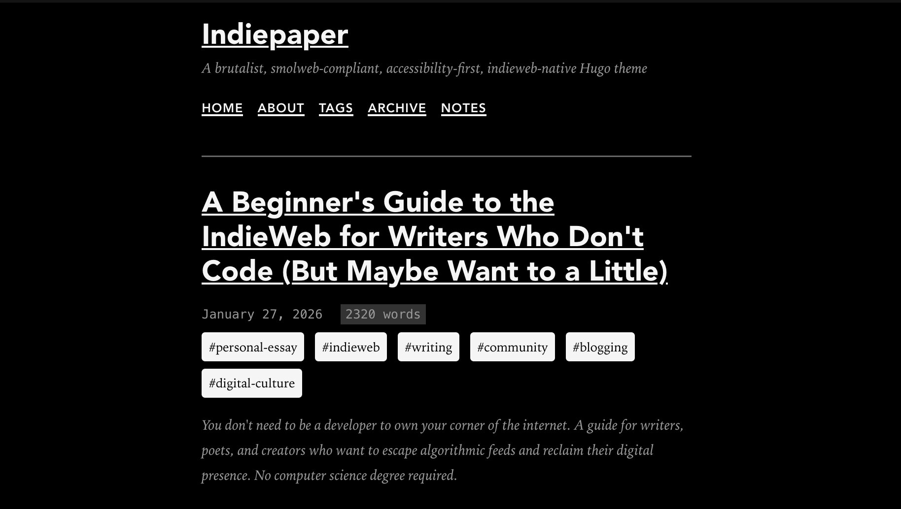 Indiepaper theme screenshot showing a minimalist brutalist blog design