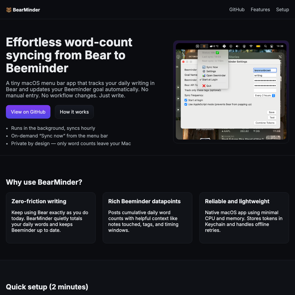 Bearminder — Bear → Beeminder Menubar App screenshot
