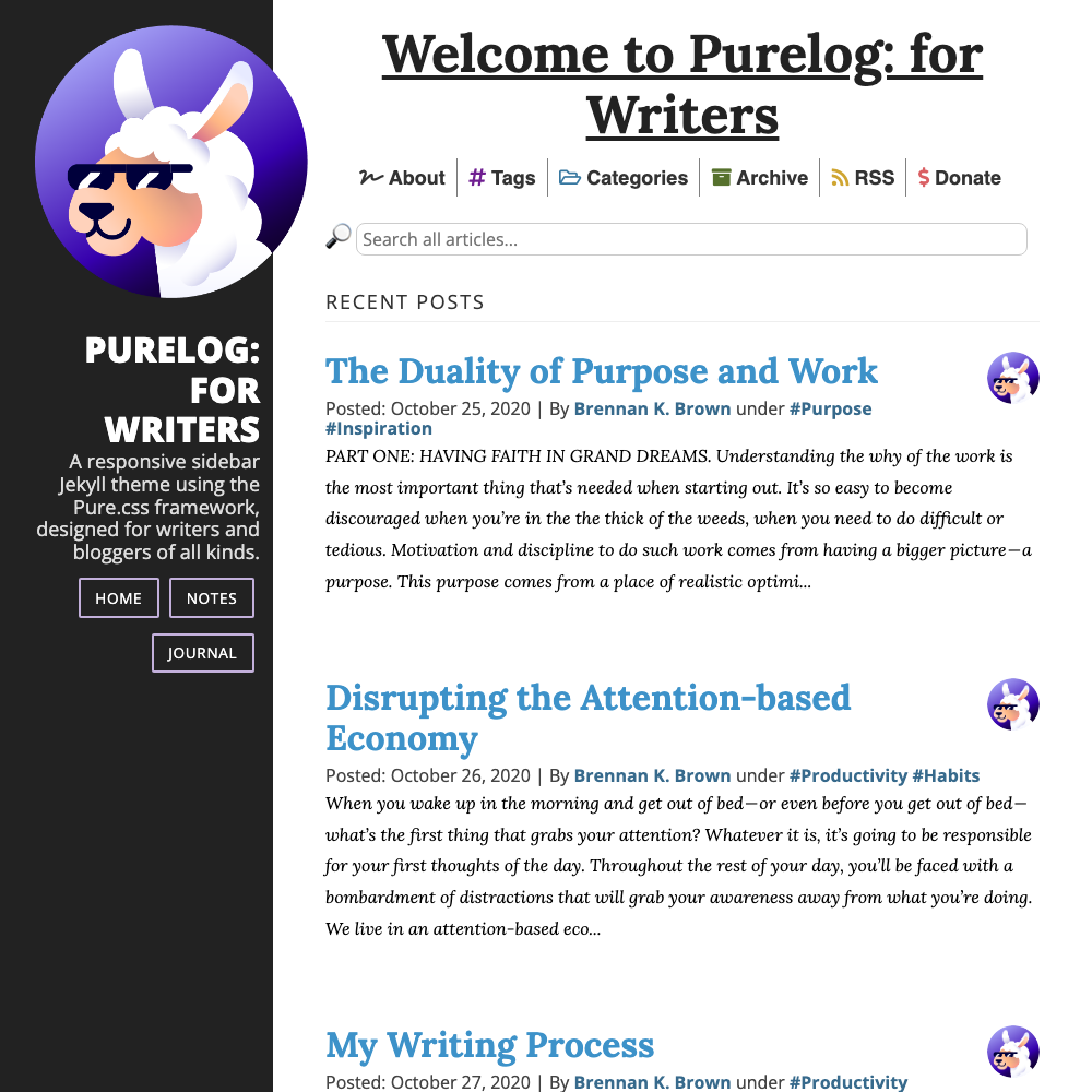 Purelog — Sidebar Jekyll Theme for Writers screenshot