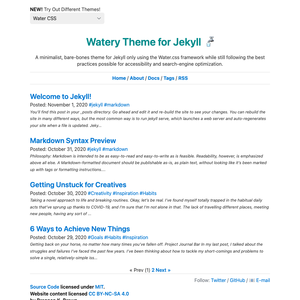 Watery — Minimalist Jekyll Starter on Water.css screenshot